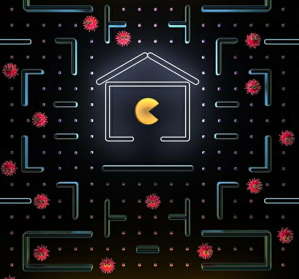 Imagen que hace referencia al juego de Pac-man. En un fondo negro se encuentra adentro de una casa Pac-man, que es un circulo amarillo. Afuera de la casa aparcen laberintos y unos circulos rojos con coronas haciendo referencia al coronavirus. Pac-man se resguarda en su casa de los coronavirus.